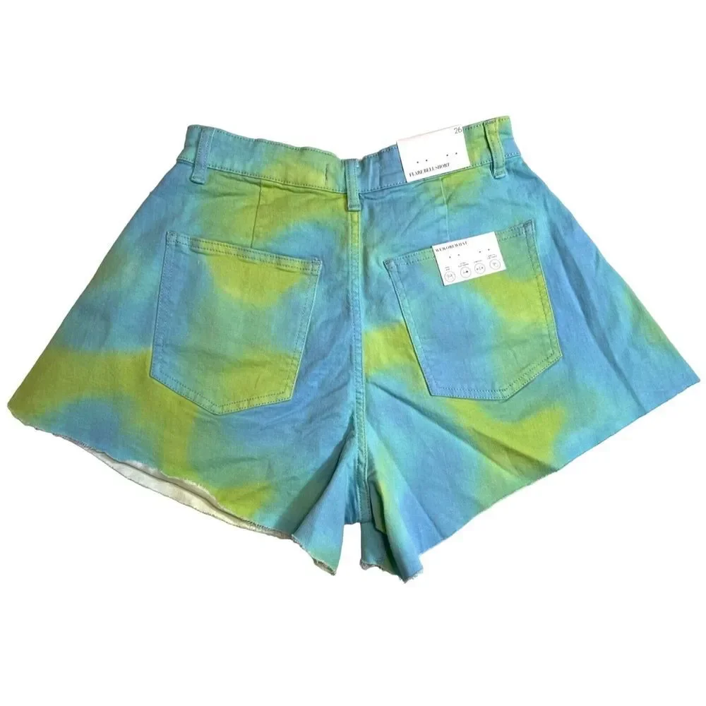 NWT Revolve WEWOREWHAT Flare Bell Short Stretch Denim~Tie‎ Dye~Retro~Boho~26 - Picture 6 of 10